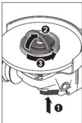 Diagram of a mechanical device with numbered components and directional arrows indicating motion or flow