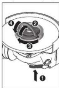 Technical diagram of a mechanical device with numbered components and directional arrow indicating rotation or movement.