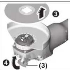 Technical diagram of a mechanical assembly with numbered components and directional arrow indicating rotation or movement.