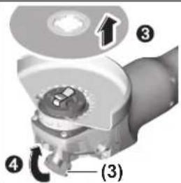 Technical diagram of a mechanical assembly with numbered components and directional arrows indicating parts of motion or assembly.