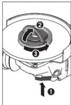 Diagram of a mechanical device with numbered components and directional arrows, labeled ① and ②.