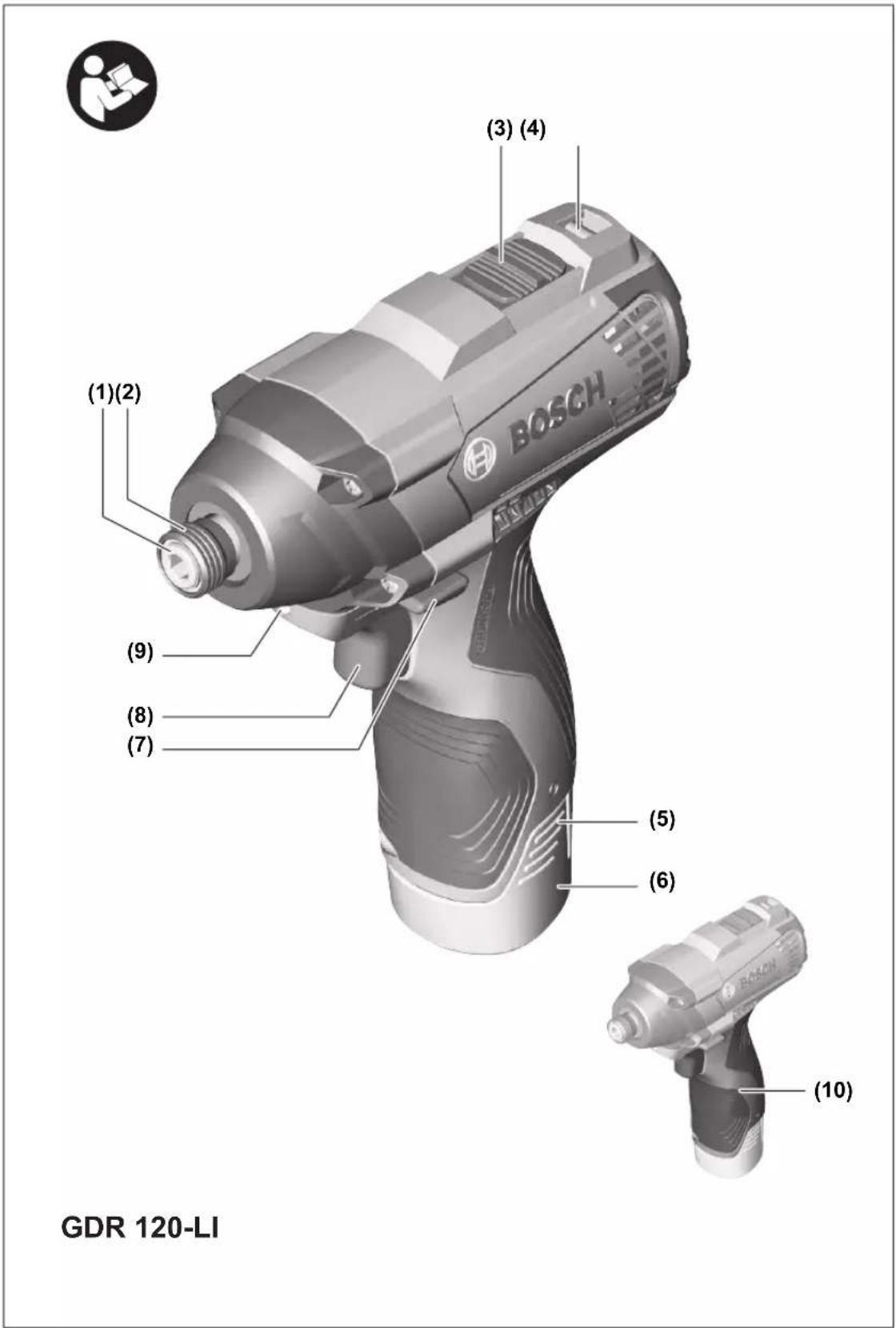 (1)(2) (3) (4) (BOSCH) (9) (8) (7) (5) (6) (10) GDR 120-LI