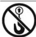 Two safety symbols: no hook and without a gear, both marked with black cross icons on a striped background.