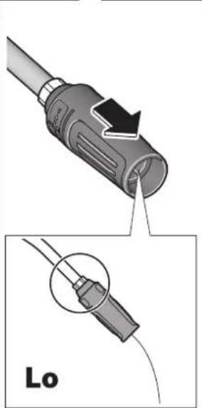 Illustration of a plug with a black arrow pointing to a cable, showing a close-up of the cable being inserted (no text or symbols present)