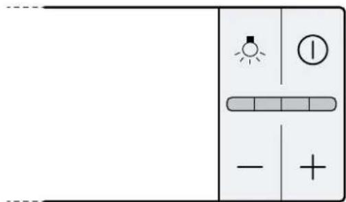 Diagram of a control panel with indicator lights, a switch, and polarity signs