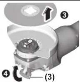 Technical diagram of a mechanical component with numbered parts and directional arrows indicating assembly or motion.