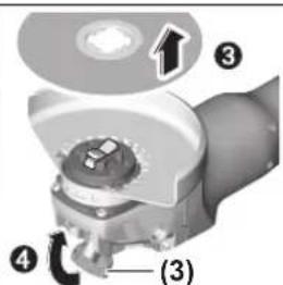 Technical diagram of a mechanical assembly with numbered components and directional arrows indicating parts of motion or assembly.