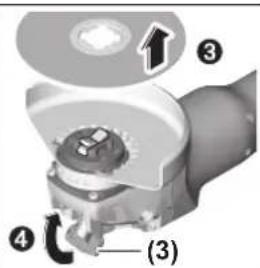 Technical diagram of a mechanical device with numbered parts and directional arrow indicating rotation or movement