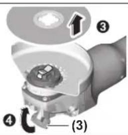 Technical diagram of a mechanical component with numbered parts and directional arrows indicating assembly or motion.