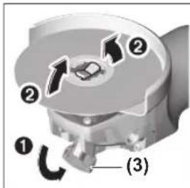 Diagram of a mechanical device with numbered components and directional arrows indicating motion or flow
