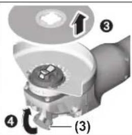Technical diagram of a mechanical component with numbered parts and directional arrow indicating rotation or movement