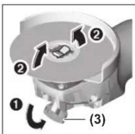 Diagram of a mechanical device with numbered parts and directional arrows indicating motion or flow