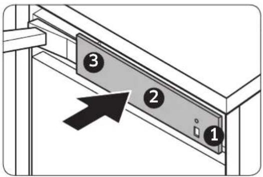 Diagram showing a device panel with numbered components and an arrow indicating direction of movement or assembly.