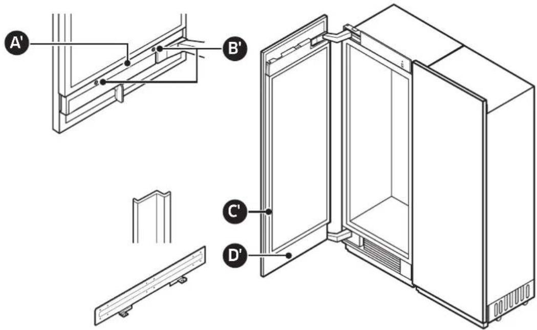 Technical diagram of a refrigerator interior with labeled components A, B, C, D and structural details