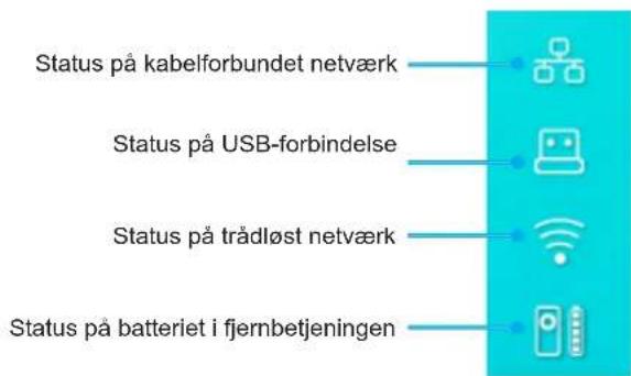 Status på kabelforbundet netværk Status på USB-forbindelse Status på trådløst netværk Status på batteriet i fjernbetjeningen