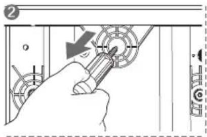 Technical diagram showing a hand using a screwdriver to adjust or install a mechanical component, with an arrow indicating the process.