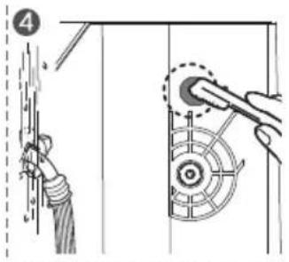 Diagram illustrating a mechanical or electrical installation with labeled components and a magnified detail showing tool positioning.