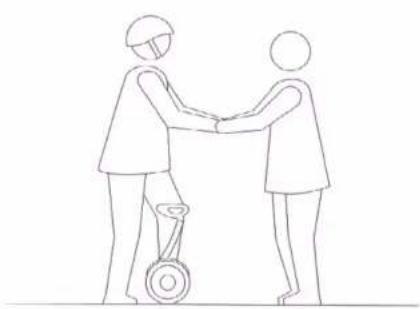 Line drawing of two people shaking hands, one using a walker (no text or symbols)