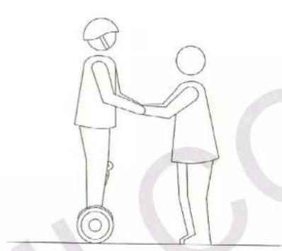 Line drawing of two people shaking hands on a wheeled platform (no text or symbols)