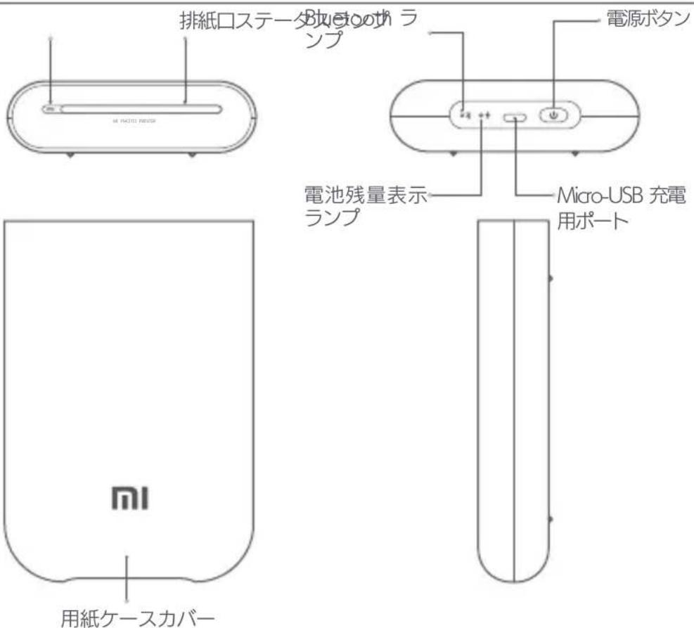 排紙口ステータ Bluetooth ラ ンプ 電源ボタン 電池残量表示 ランプ Micro-USB 充電 用ポート 用紙ケースカバー mi