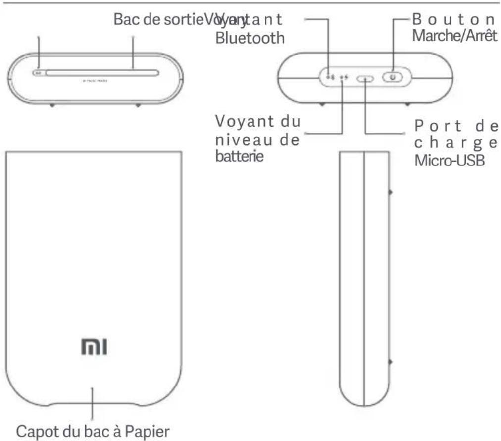 Bac de sortie Voyant Bluetooth Bouton Marche/Arrêt Voyant du niveau de batterie Port de charge Micro-USB Capot du bac à Papier