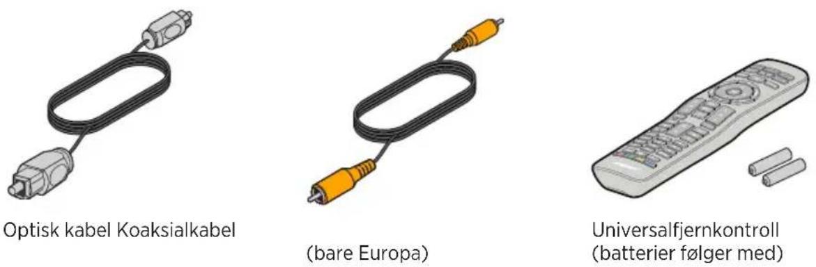 Optisk kabel Koaksialkabel (bare Europa) Universalfjernkontroll (batterier følger med)