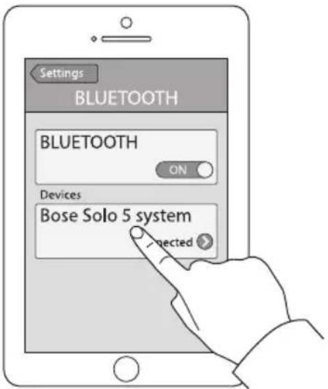 Settings BLUETOOTH BLUETOOTH ON Devices Bose Solo 5 system connected >