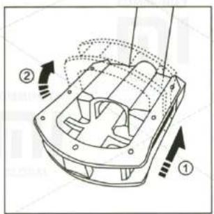 Technical diagram of a mechanical component with numbered parts and directional arrows indicating motion or assembly.