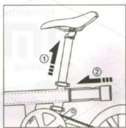 Diagram of a bicycle leg mechanism with numbered parts and directional arrows indicating motion or positioning.