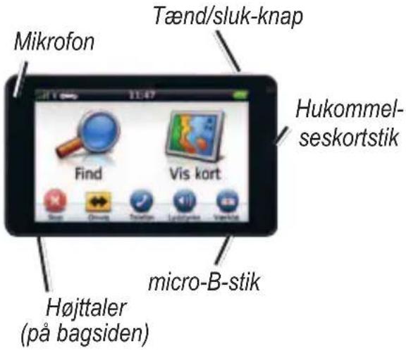 Tænd/sluk-knap Mikrofon Find Vis kort Hukommel- seskortstik micro-B-stik Højttaler (på bagsiden)