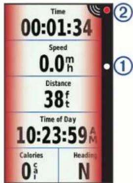 Time 00:01:34 Speed 0.0m h Distance 38f t Time of Day 10:23:59 AM Calories 0 c a i Heading N