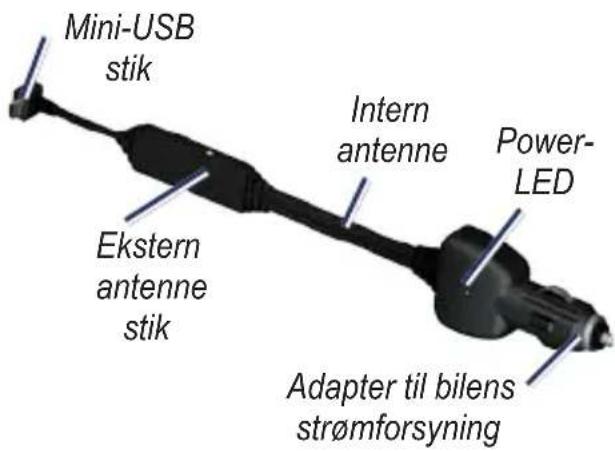 Mini-USB stik Ekstern antenne stik Intern antenne Power- LED Adapter til bilens strømforsyning
