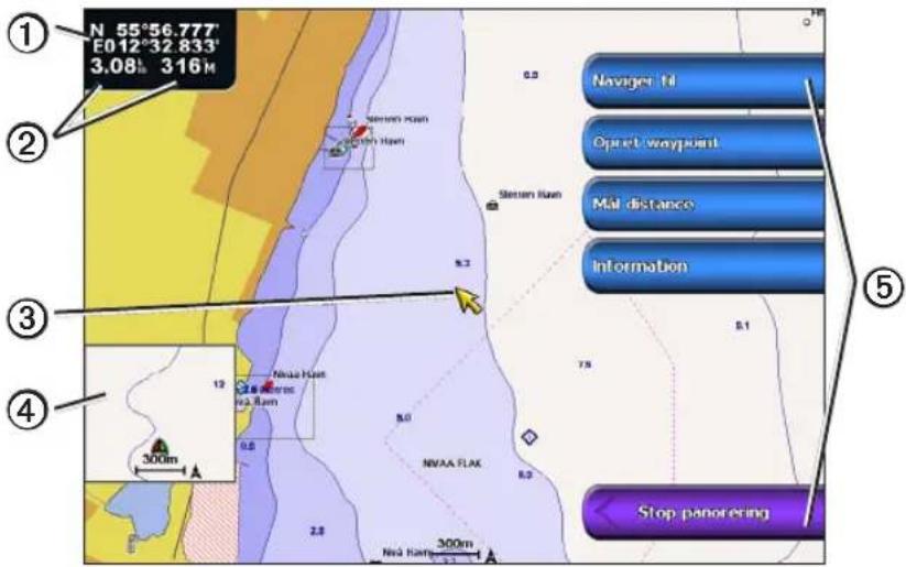 GARMIN GPSMAP 5012 - Panorering på navigations- eller fiskekortet - 1