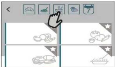 Screenshot of a food selection interface with icons for fish, vegetables, and bowls, showing a hand cursor pointing to the top section.
