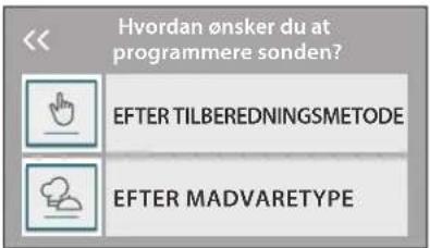 Hvordan ønsker du at programmere sonden? EFTER TILBEREDNINGSMETODE EFTER MADVARETYPE