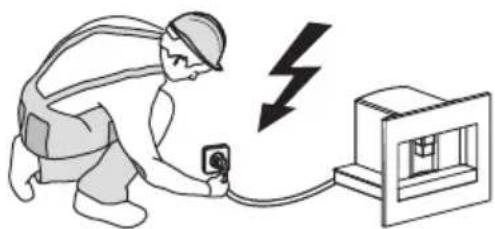 Illustration of a person using a power plug connected to a device with a lightning bolt symbol (no text or labels)