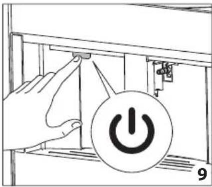 Diagram showing a hand pressing a button on a device with a power symbol and number 9, likely illustrating a control or operation process.