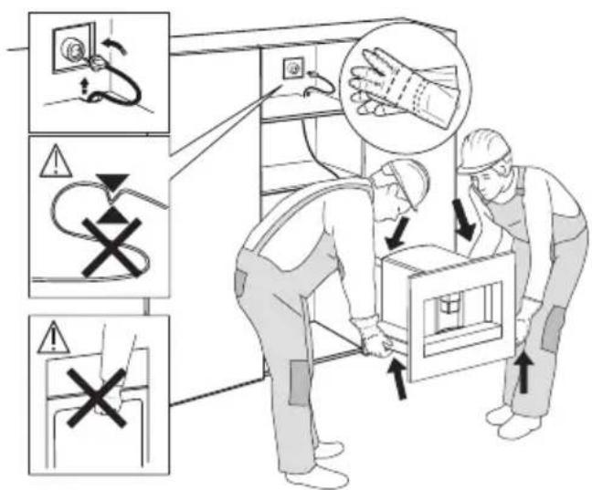 Diagram illustrating electrical safety instructions for workers installing or adjusting a cabinet, with warning symbols and hand gestures.