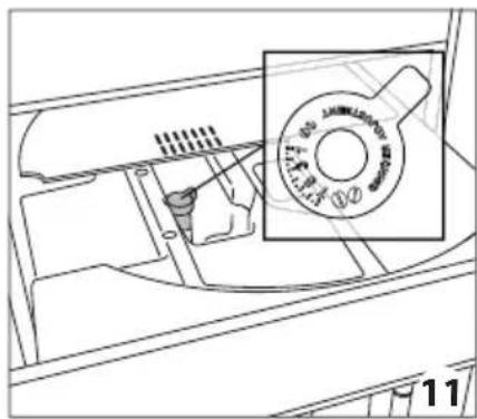 Line drawing of a mechanical component with a magnified inset showing a circular dial (no text or symbols)
