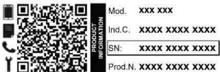 MOD. XXX XXX Ind.C. XXXX XXXX XXXX SN: XXXX XXXX XXXX Prod.N. XXXX XXXX XXXX