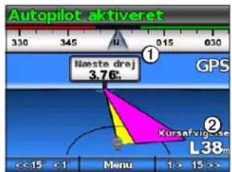 Autopilot aktiveret 330 345 015 030 Naeste drej 3.76m GPS Kursafvigise L38m <<15 <1> Menu 1> 15>