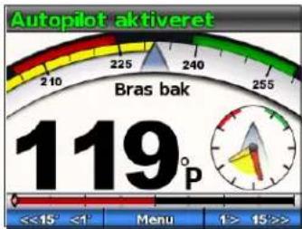 Autopilot aktiveret 210 225 240 255 Bras bak 119° <<15° <1° Menu 1> 15>>