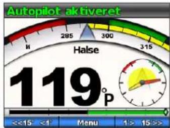 Autopilot aktiveret Halse 119° <<15° <1° Menu 1> 15>>