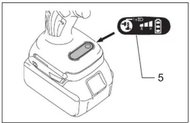 Diagram of a device with labeled buttons and a numbered component, showing a hand holding a switch.