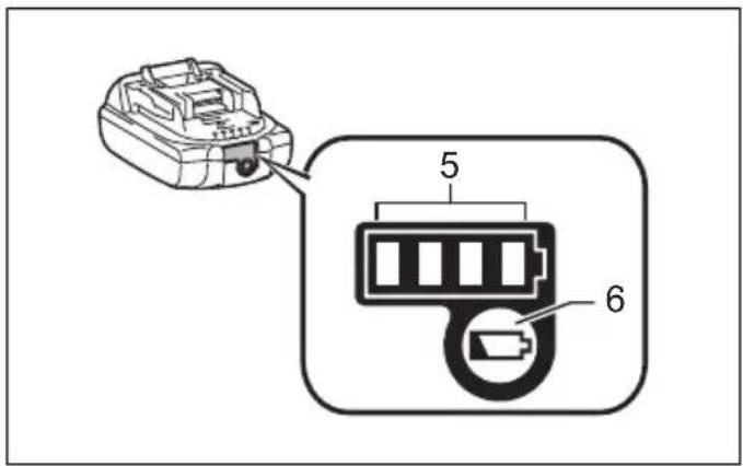 Diagram showing a device connected to a battery pack with labeled parts 5 and 6