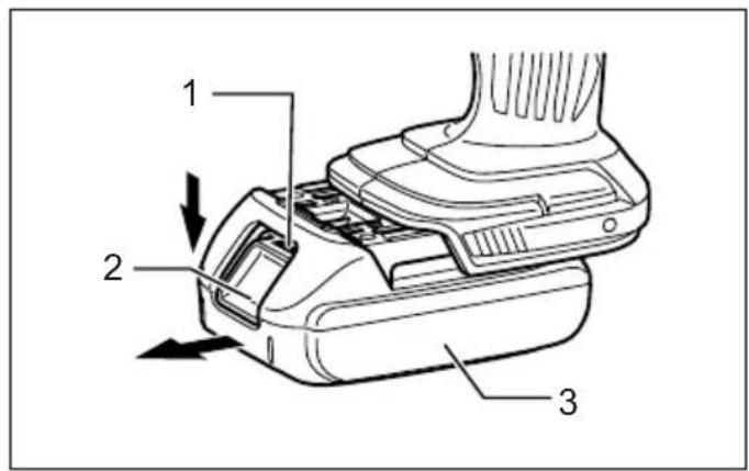 Technical diagram of a mechanical device with numbered parts and directional arrows indicating movement or force.