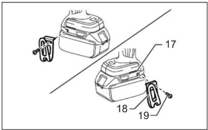 Technical diagram of a device with numbered parts labeled 17, 18, and 19, showing internal components and assembly lines.