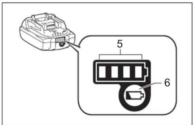 Diagram showing a device with labeled components, including a connector and a battery symbol with parts 5 and 6.