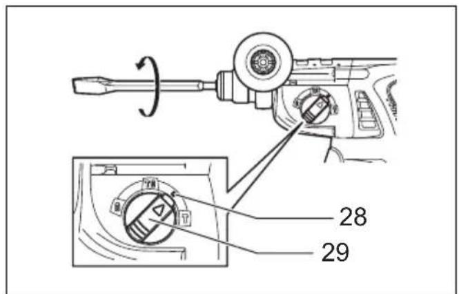 Technical diagram showing a mechanical device with labeled parts 28 and 29, including a rotating tool and a close-up of the component.