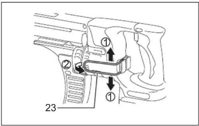 Technical diagram of a firearm component with numbered parts and directional arrows indicating assembly or movement.